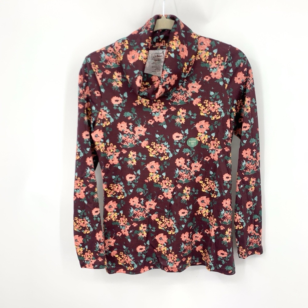 LL Bean Women Size XS Shirt Cowl Neck Pima Cotton‎ Top Purple Pink Floral Tee